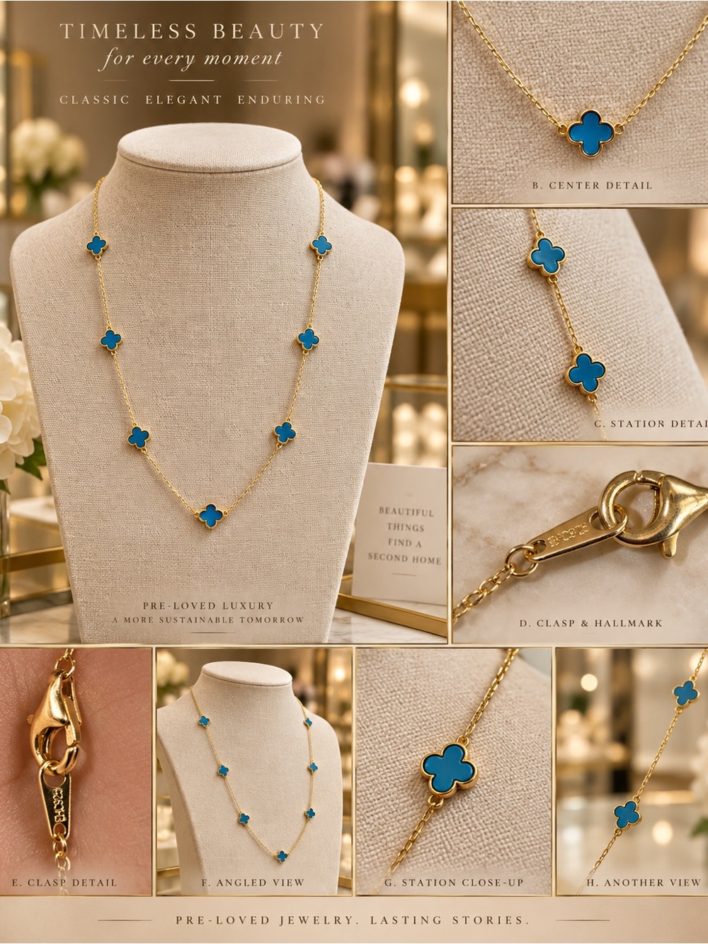 S925 Gold-Plated Sterling Silver Blue Clover Station Necklace – 7 Motif